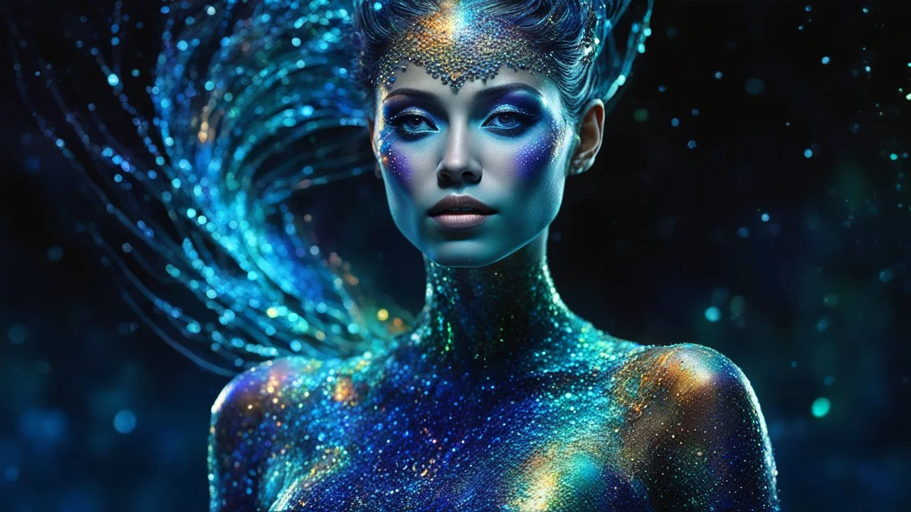 an extraterrestrial species whose defining characteristic: bioluminescent skin. Her body and skin shimmers with colors that defy human understanding, a living, breathing canvas of cosmic art., Broken Glass effect, no background, stunning, something that even doesn't exist, mythical being, energy, molecular, textures, iridescent and luminescent scales, breathtaking beauty, pure perfection, divine presence, unforgettable, impressive, breathtaking beauty, Volumetric light, auras, rays, vivid colors