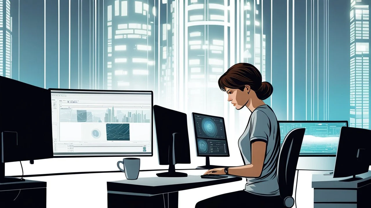 The medium close photo from a brown short hair woman sitting in front of her computer at night in t-shirt. She working in dark in a futuristic, hightech office. Pale lights, She appears to be focused on the task at hand. Her silhouette illuminated by the light of the monitor. There are multiple coffeecups on the desk, blur futuristic office background with pale light, realistic, deep colors, high detailed, sharp focus, perfect shot, professional photo