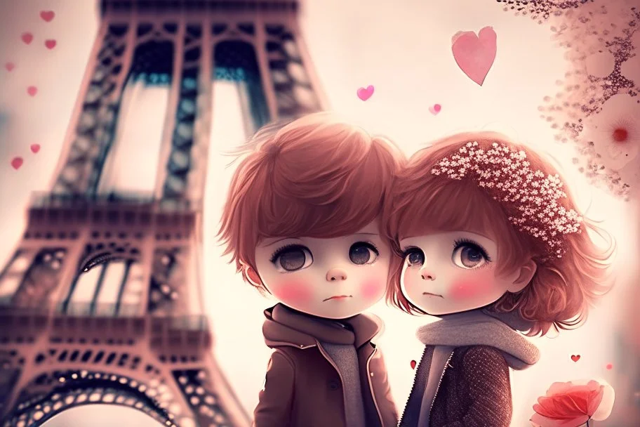 cute chibi mahogany haired girl with a short, silver haired boy, Eiffel tower, heart and love, flowers in Paris, ethereal, cinematic postprocessing, bokeh, dof