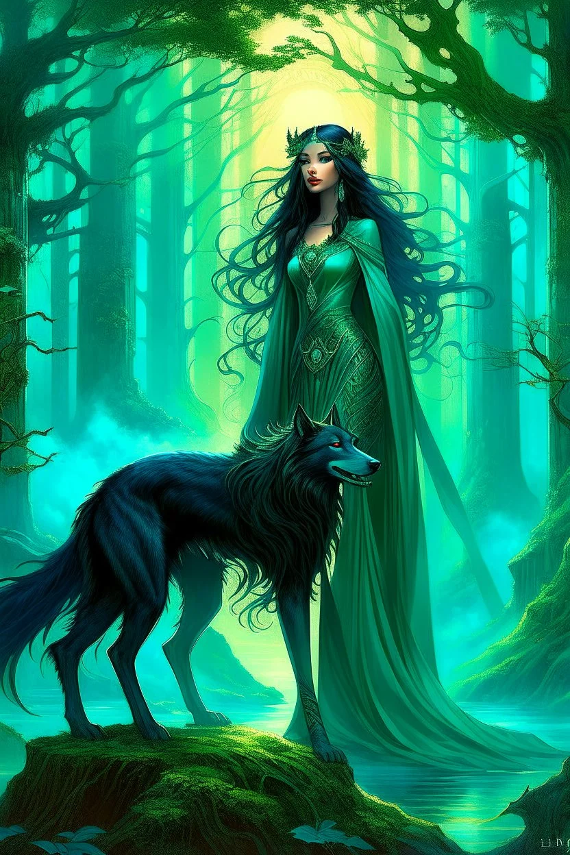 In the heart of a dense and enigmatic forest with towering ancient trees cloaked in emerald foliage stood a bewitching sorceress possessing an ethereal allure her lustrous hair cascading in ebony waves down to her slender waist that turns into roots In the background a faithful companion a majestic canine of Belgian shepherd lineage roamed at her side its eyes illuminated by an otherworldly crimson glow exuding an aura both mysterious and demonic