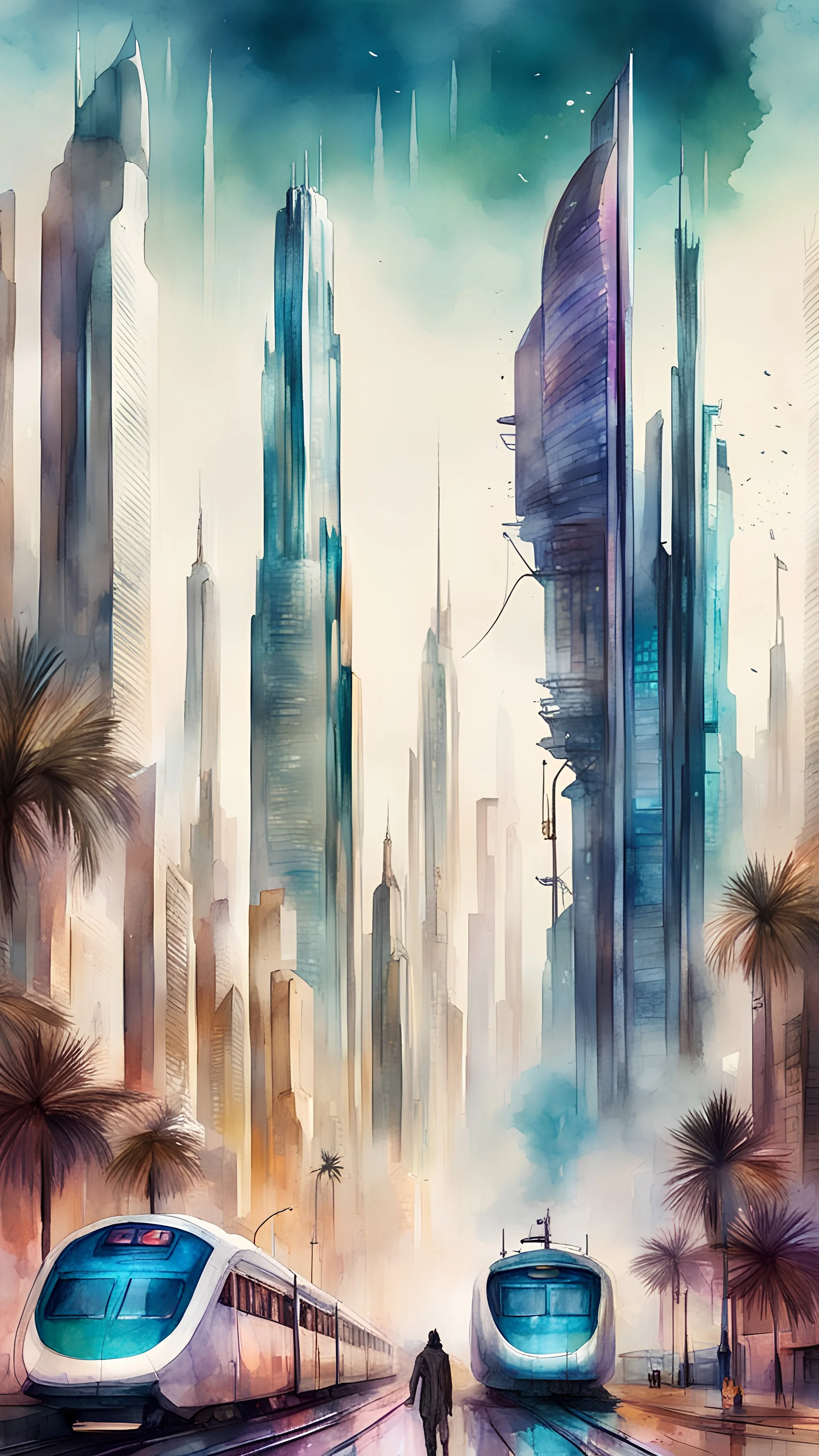 Dubai city view in fantasy cyberpunk style with famous tram, watercolour