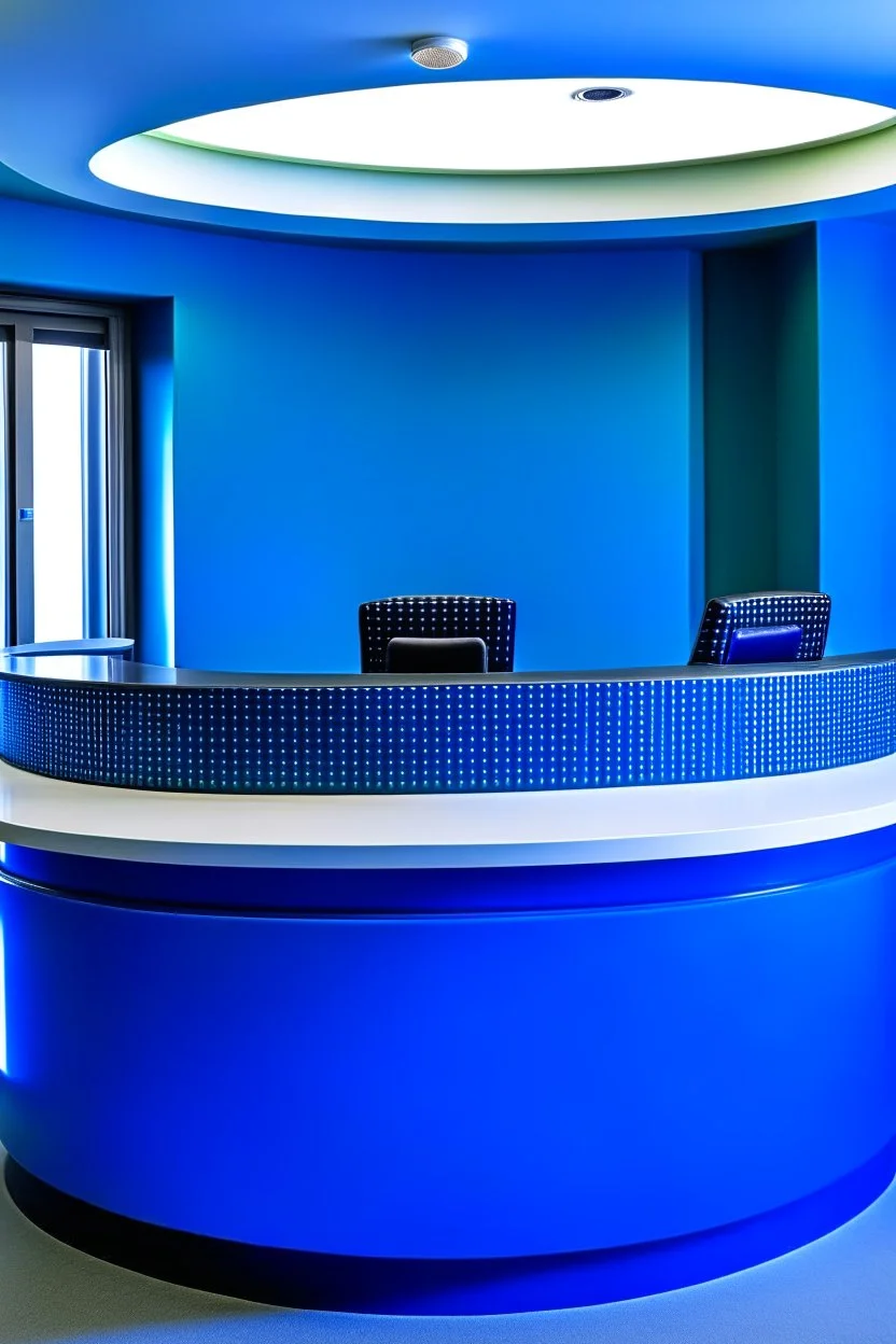 A circular blue reception desk with three chairs