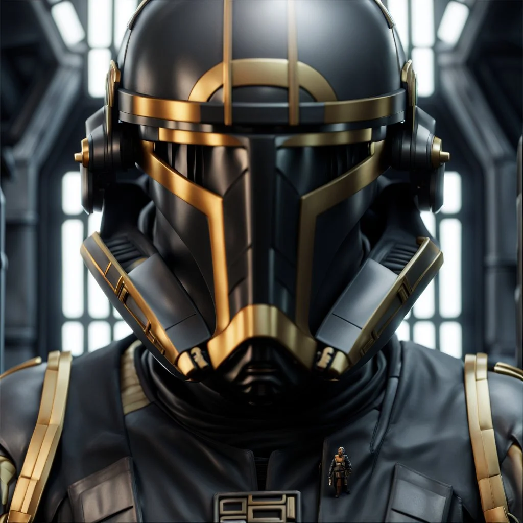 star wars bald male corellian pilot wearing pearlescent black and gunmetal grey First Order special forces heavy assault armor and helmet with gold trim inside the jedi temple, centered portrait, hyperdetailed, dynamic lighting, hyperdetailed background, 8k resolution, volumetric lighting, light skin, fully symmetric details