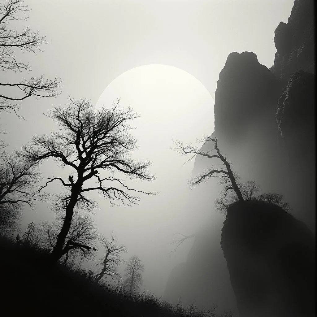 Close-up Ilford photograph of a creepy surreal landscape, eerie, no style, very surreal, trees, spooky, metaphysical objects, giant sun, intricate, thoughtful, appalling, mountain rocks, deep 3d field, 8k, hypermaximalist, fog