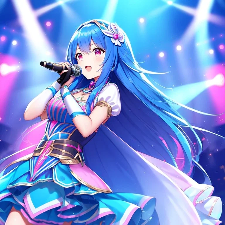 girl, masterpiece, best quality, volumetric lighting, detailed outfit, perfect eyes, long hair, blue hair, pink eyes, magical girl, music stage, microphone,