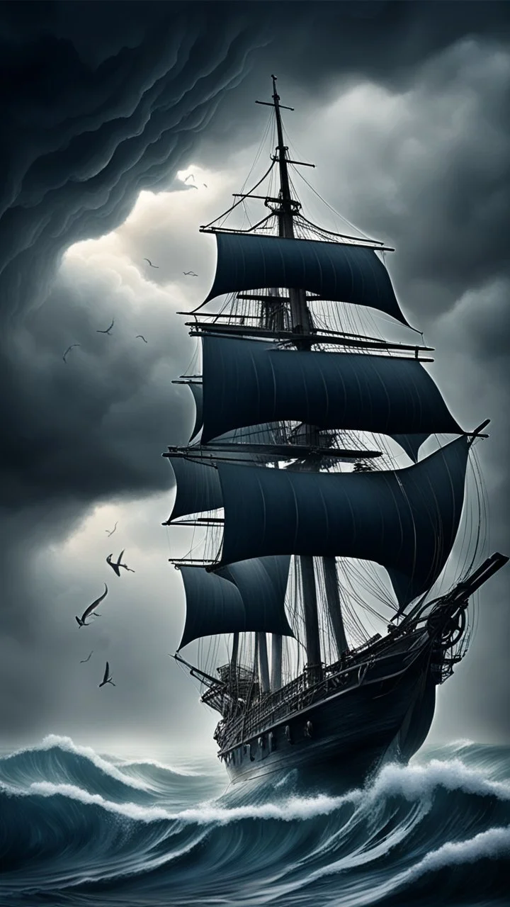 Mourning in dephts of ocean with a sailing ship in a storm
