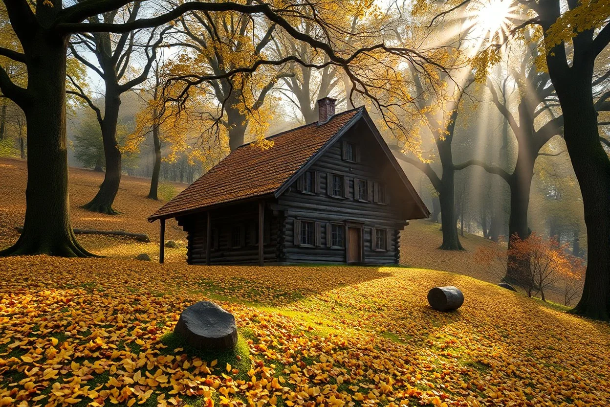 A Austrian wooden house in a mystery hilly oak forest in autumn, yellow orange leaves on ground, moist in air, early morning, sun streaks, dense vegetation, gnomes