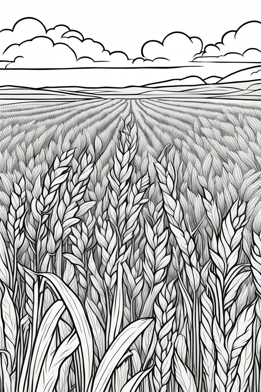 coloring page, field of wheat, cartoon style, thick lines, low detail, no shading