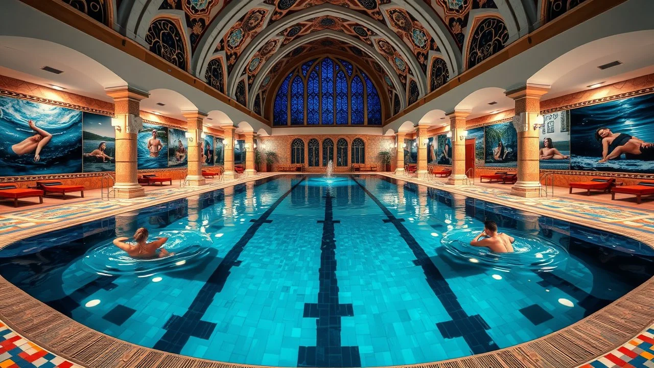 Superb symmetrical pictorial multicoloured mosaic floor, swimming pool, bathers, swimmers, water feature, walls with pictures of bathers and swimmers, symmetrical cathedral style high ceiling, relaxation, romance, luxury, dream world, calm beauty, perfect symmetry, fantasy world, magic, beautiful symmetrical composition, exquisite detail, 85mm lens, adjust perspective, chiaroscuro, night, darkness, dramatic lighting