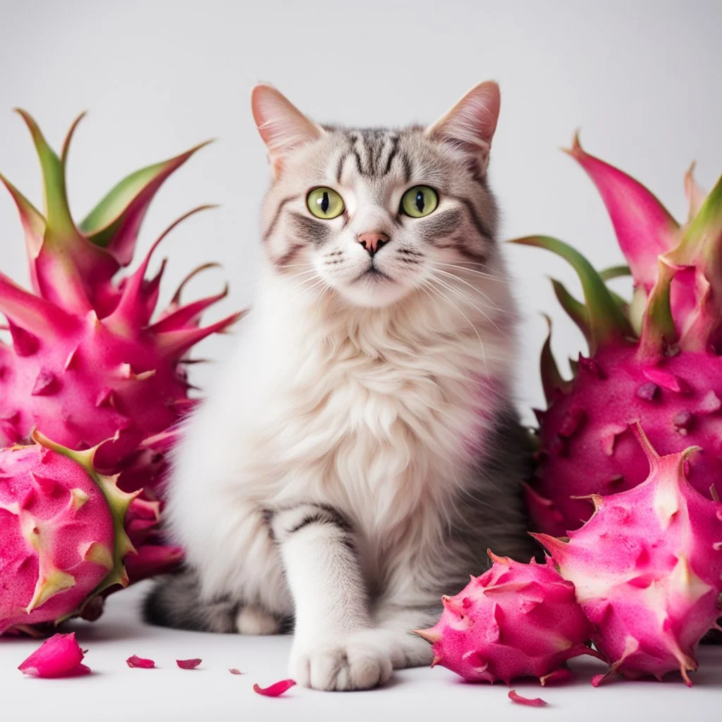 A cat surrounded by dragon fruits on a light background for removal