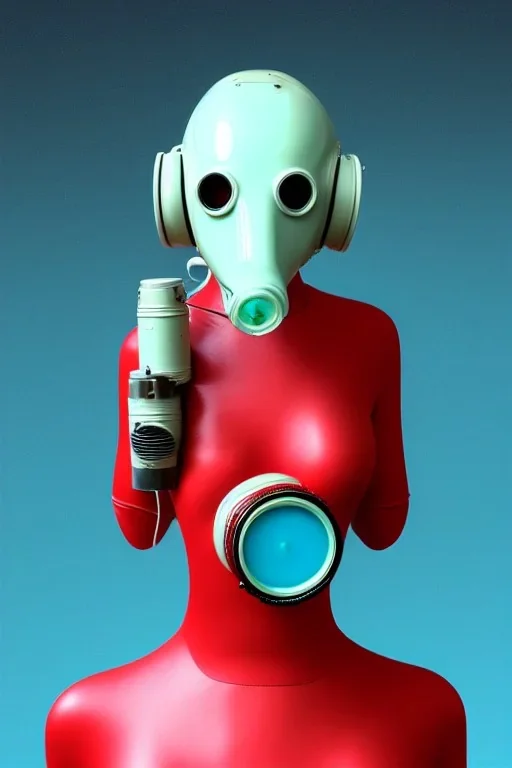 Tendril-gas-mask-Synthesizer-proboscis. Golden to cyan surfaces body, latex. skin is white hard plastic material. Cyborg. Metallic headphones and speakers, Old-fashioned cameras integrated to heads. Perfect body, thick thighs and calves. simple face. Wide hip, red fabric skirt bleats nicely. Partly symmetrical. Golden ratio. Space-corrosion, rusty and decayed background. Steam-machines-plunge-air-bottles. Blue euclidean 3D-tiling moth surveillance walls. Oppressive atmosphere. Purple Rain.