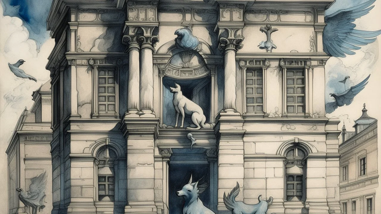 Painting of a sculpture in front of a building, with a monochromatic color palette. The sculpture is a winged female figure, and the building is classical in style with numerous windows. The painting features soft, diffuse lighting, and the composition is balanced. The texture is rough and grainy. It's raining cats and dogs.