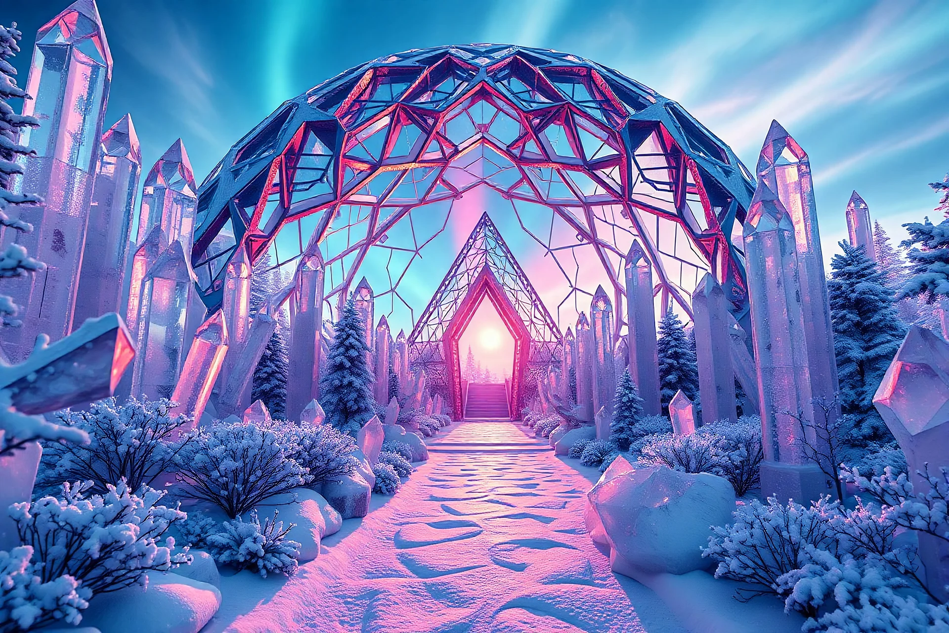 Futurist crystal architecture, beautiful garden and transparent giant crystals with snow, clusters of crystal, snowflakes, dome, sideral gate, northern lights, sun, blue pink colors, 4k, realistic photography