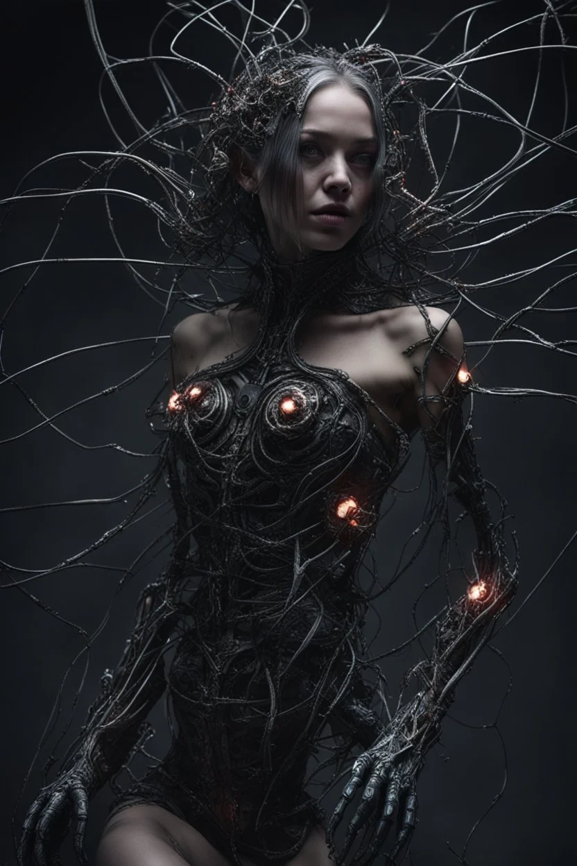 fullbody, creepy, horrifying, sinister, many wires connected to the head<perfect pupil> <cyborg> <garage> <sci-fi futuristic> Demon girl, lumen lighting, led lights, sparks around her, sparks cybernetic,Rare parasite creature Holding a membranous cocoon high lighting, intricate, 8k, macro photography,