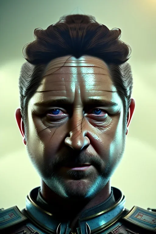 portrait of gerard butler, russel crowe, jeffrey wright, steampunk, unreal 5, octane render, cinema4d, soft lighting, soft lighting, 4k, redshift render, highly detailed, hyper realistic