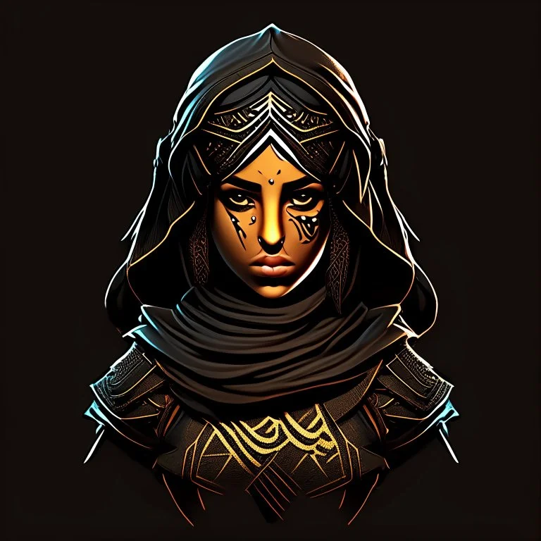 Arab warrior girl, vectorized, 3D, 8k, black background