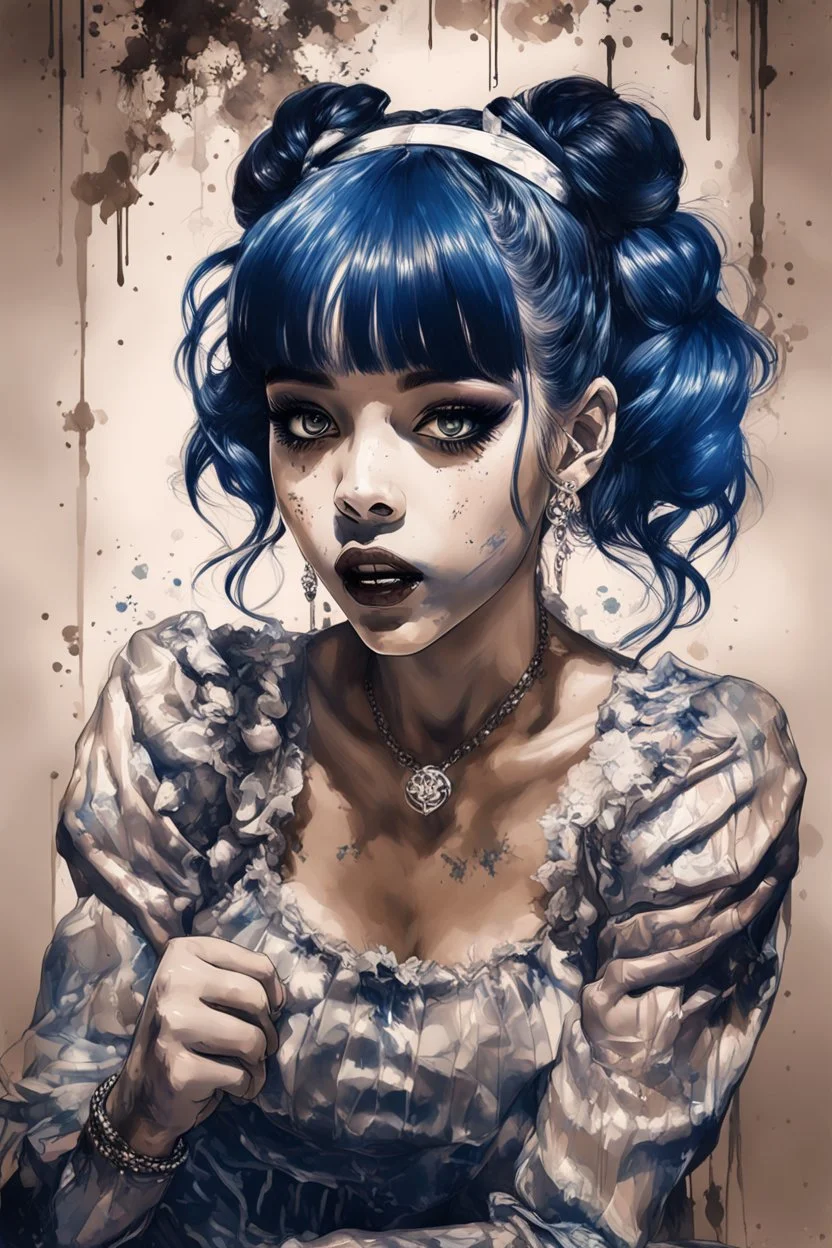 Poster in two gradually, a one side the Singer Melanie Martinez face, full body, sit pose, painting by Yoji Shinkawa, darkblue and sepia tones,sinister, detailed iridescent, metallic, translucent, dramatic lighting, hyper futuristic, digital art, shot with Sony Alpha a9 Il and Sony FE 200-600mm f/5.6-6.3 G OSS lens, natural light, hyper realistic photograph, ultra detailed -ar 3:2 -q 2 -s 750,malevolent goth vampire girl face and other side