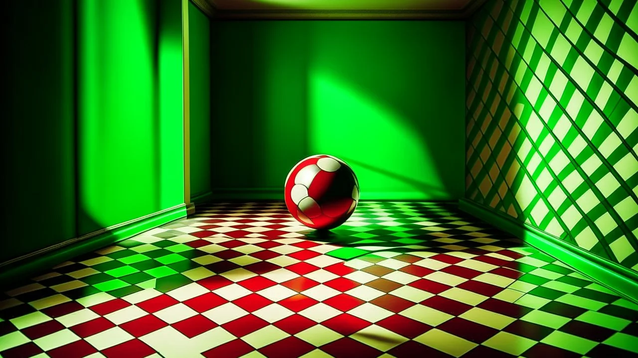 A captivating and surreal portrait of a room corner, featuring a checkered floor and green and white walls. A red and white striped hollow ring hovers in the air, defying gravity, while a reflective sphere with a checkerboard pattern floats nearby. A mysterious black object lies on the floor, casting an intriguing shadow. In the background, a wooden table with a vase of fresh flowers sits beside a potted plant, adding a touch of natural beauty to the scene. The light source from the ceiling cast