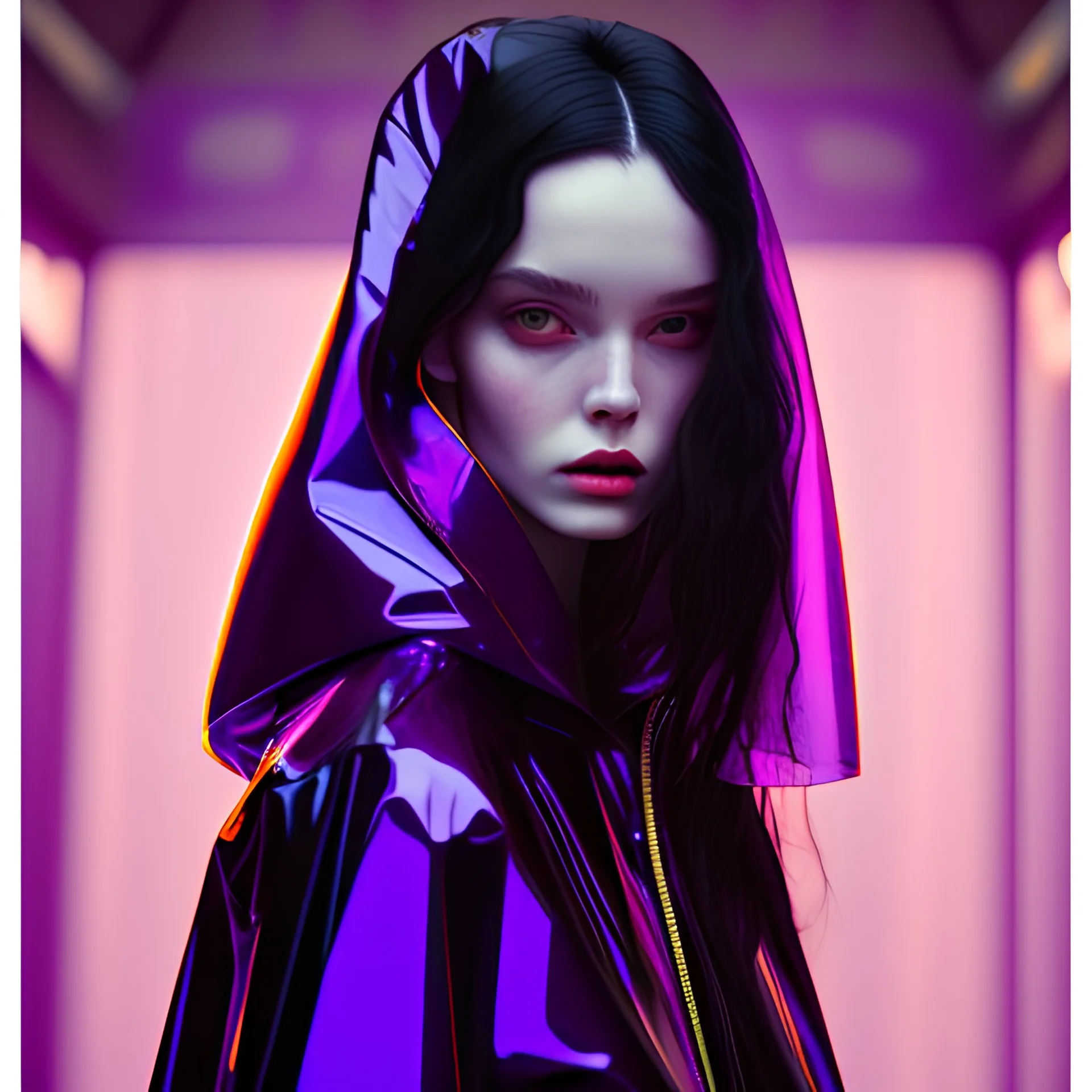 painting by koson ohara and marta bevacqua, portrait of a beautiful goth woman with long black hair, wearing a plastic raincoat, purple neon lighting, 8k, high quality, highly detailed