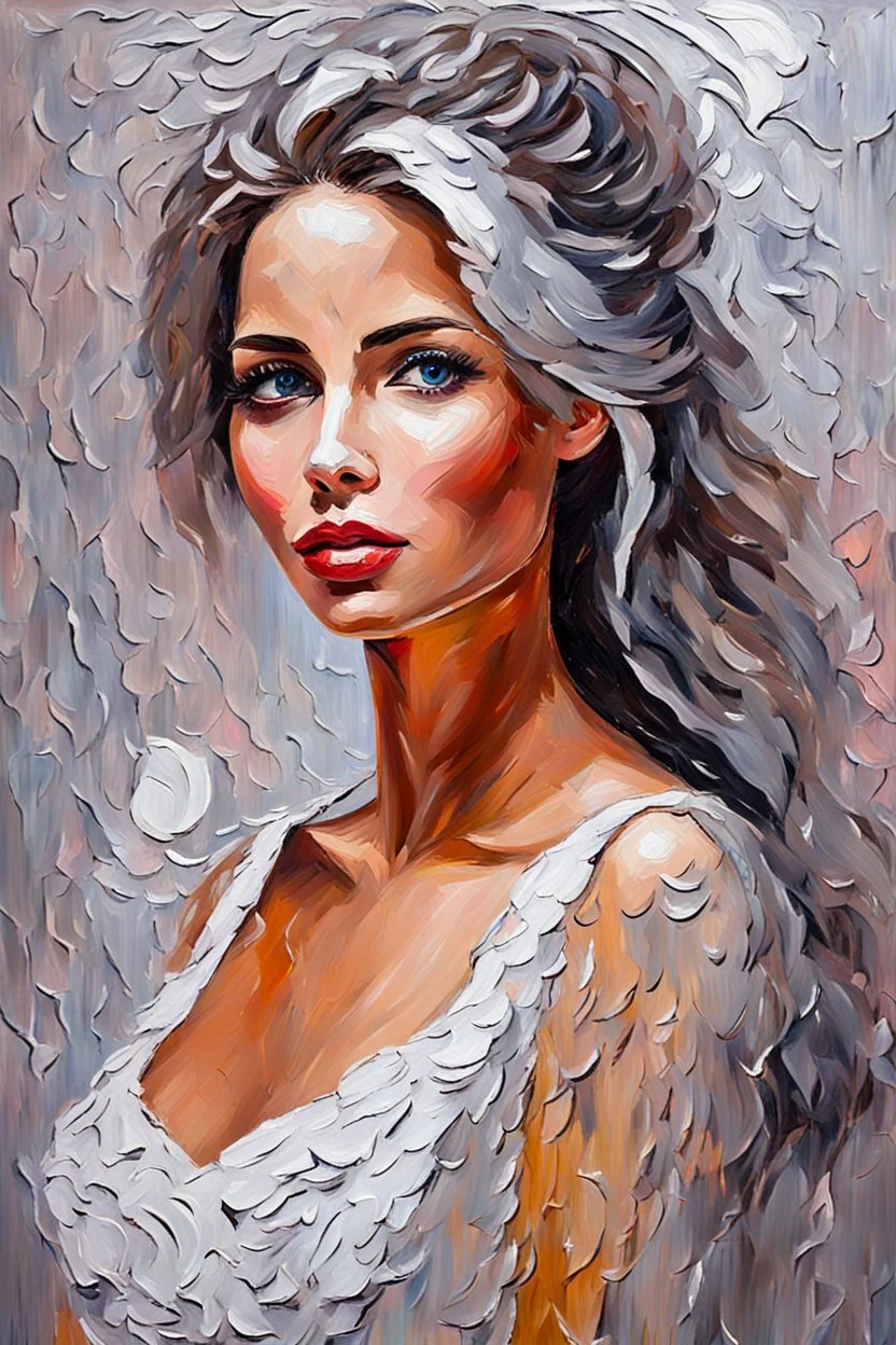 Beautiful Lady on romantic-impressionism expressionist style oil painting,-impressionist impasto acrylic painting, thick layers of silver textured paint,ultra reality,bright colors,8k,thick white paint,silver and white,