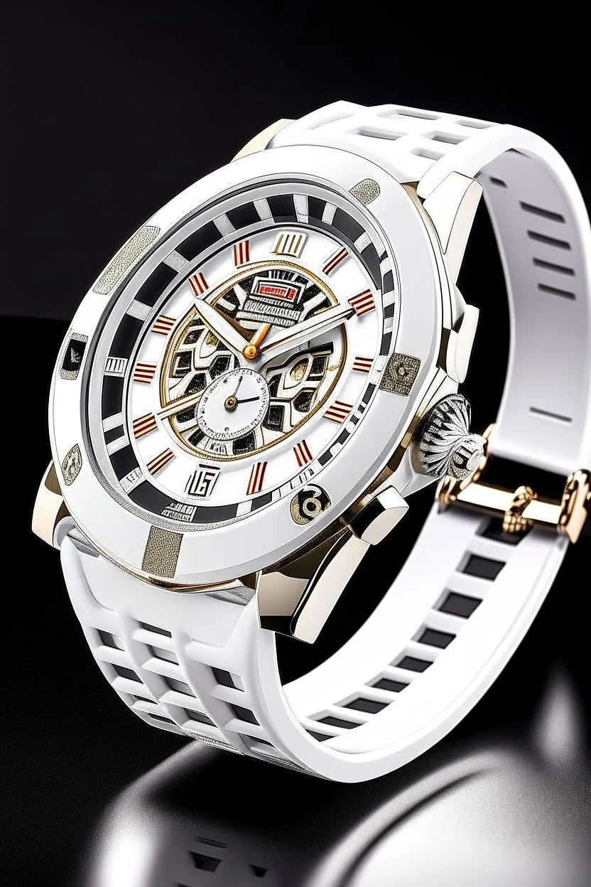 Generate an image of a white gold sports watch for men, combining luxury and functionality. Incorporate elements like a durable strap, water resistance, and a sporty yet refined aesthetic.