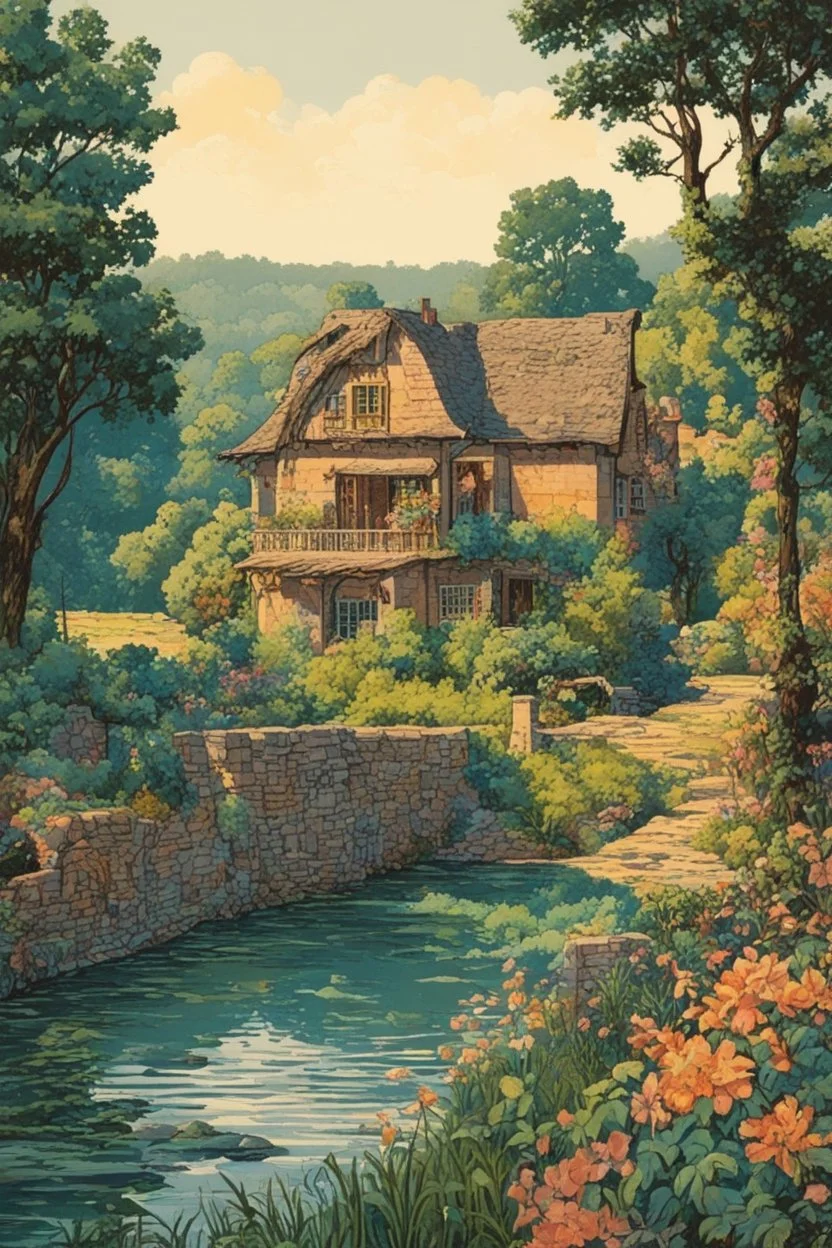 museum quality color woodcut landscape of a fanciful 1920's ramshackle French country cottage nestled on the banks of the Dordogne River, on a blissful summer morning, in the style of Gustave Baumann, with a fine art aesthetic, highly detailed, finely cut ,8k render, soft early summer colors