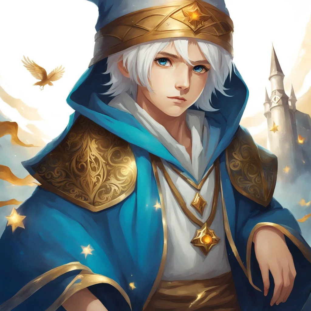 Fantasy World, A boy only wearing a closed wizards robe, and wearing a wizards hat. White Hair. Golden Eyes