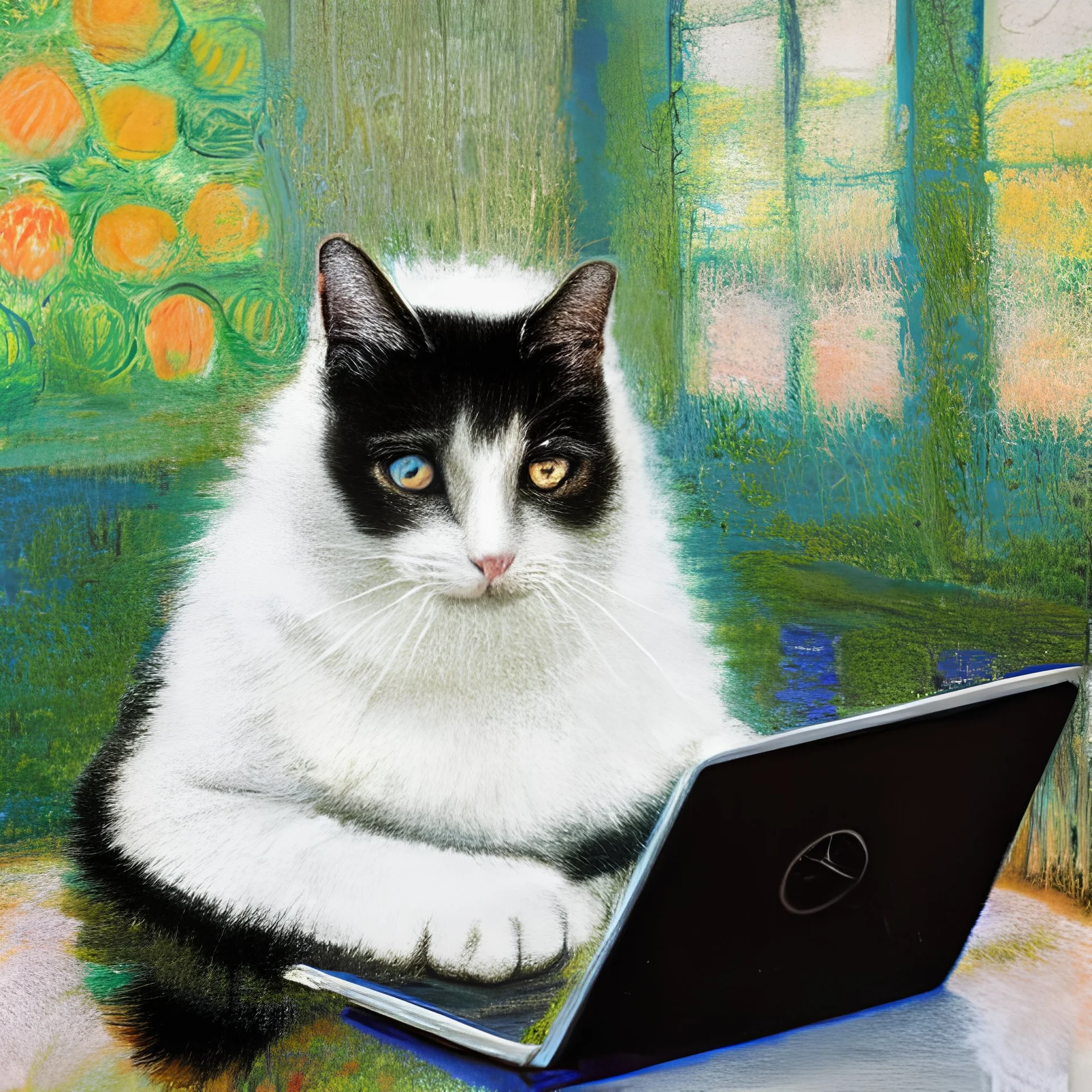 a cat programming at a laptop, Mercedes Benz, painted by Monet