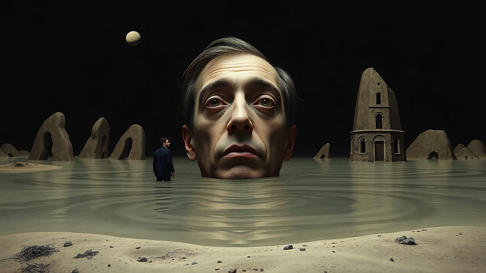 minimalism, Surreal art, exaggerated personalization, style of Effendi, Dali, Magritte, Liam Sharp, imperfect tranquility, interesting, unusual, strangers bbc tv series show, absolutely amazing surreal art, deep rich black vintage colors,magic lighting,