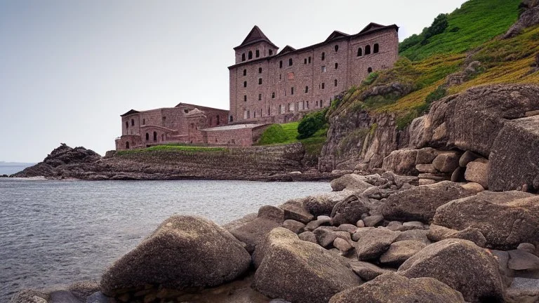 stone and brick monastery on a rocky shore