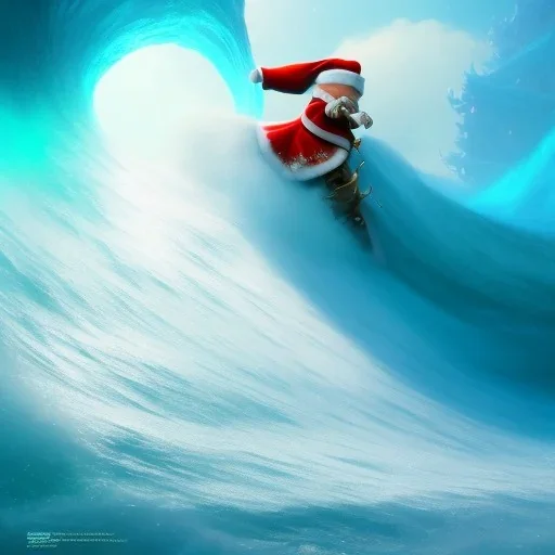 Santa surfing a big wavew. character design by cory loftis, fenghua zhong, ryohei hase, ismail inceoglu and ruan jia. unreal engine 5, artistic lighting, highly detailed, photorealistic, fantasy