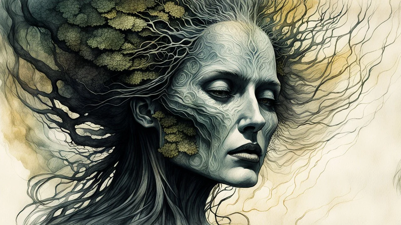 Zdzislaw Beksinski, Max Ernst, and Peter Gric style ink wash and watercolor, full body illustration of a transcendent woman , highly detailed facial features, mixed to anatomical body view, visible plant like skeletal structure, wildly flowing hair, 8k octane, all in focus, clean face, no grain, ethereal, otherworldly, Druid Forest Goddess concept art in vibrant natural autumnal colors