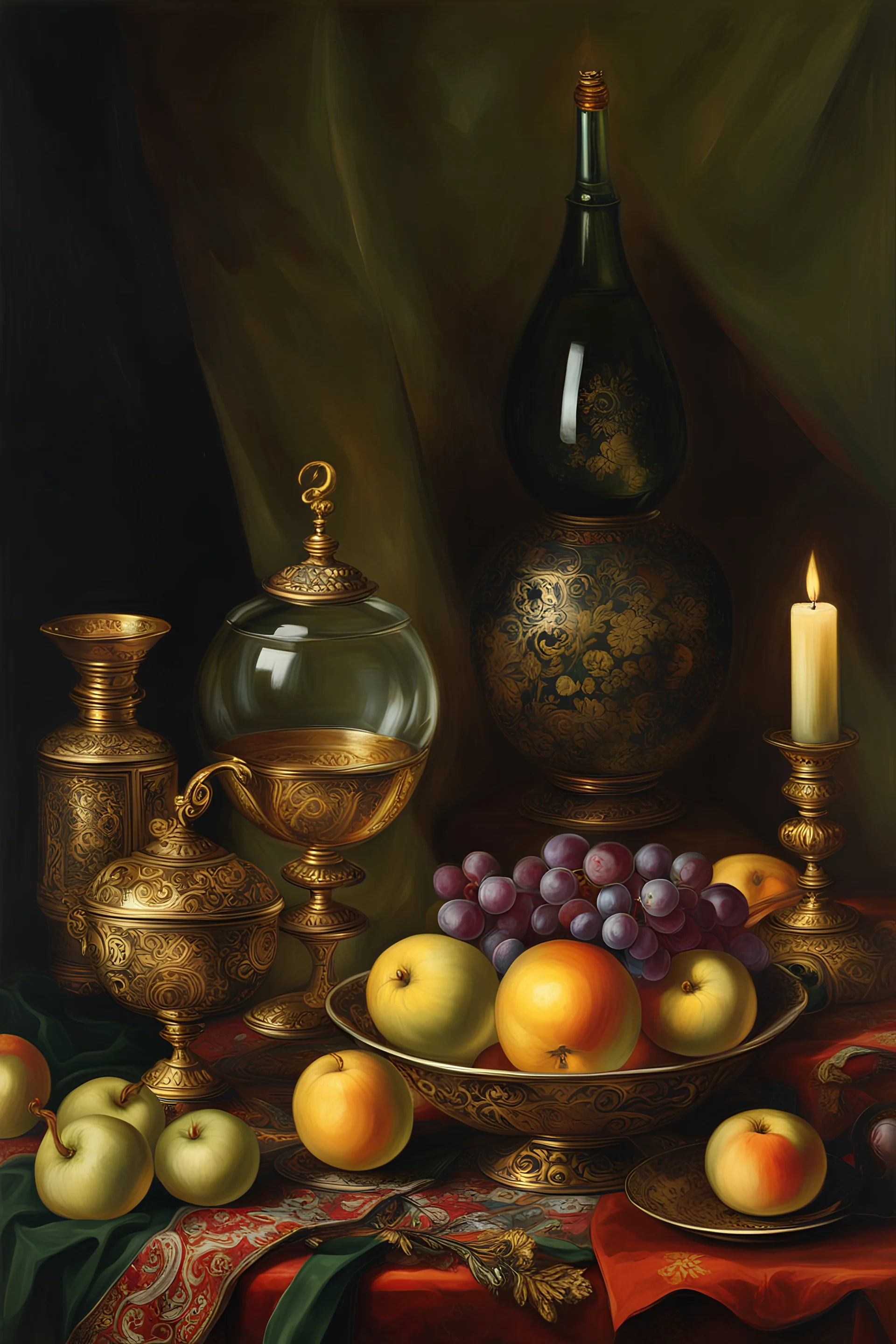 oil painting, by Jan Davidsz. de Heem, ((best quality)), ((masterpiece)), ((realistic, digital art)), (hyper detailed), still life, volumetric lighting, Venetian wine glass, filigree glass cover, Chinese Ming porcelain bowl, candle, gold vessel, damask cloth, Persian Carpet, Jan Davidsz. de Heem style, ((best quality)), ((masterpiece)), ((realistic, digital art)), (hyper detaile), watercolor painting, Masterpiece, intricate details, Willem Haenraets style, intricat