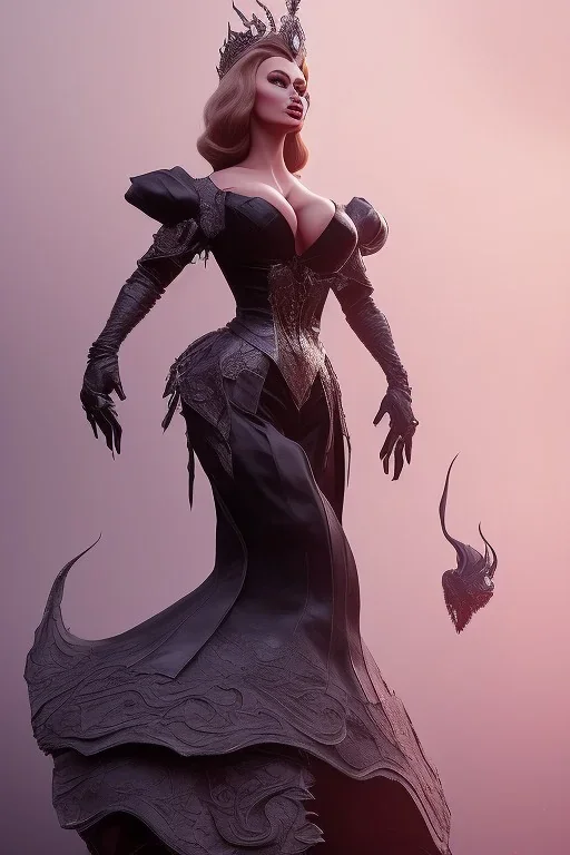 Sophia Loren as evil queen in leather, cleavage, angry, stern look. character design by cory loftis, fenghua zhong, ryohei hase, ismail inceoglu and ruan jia. unreal engine 5, artistic lighting, highly detailed, photorealistic, fantasy