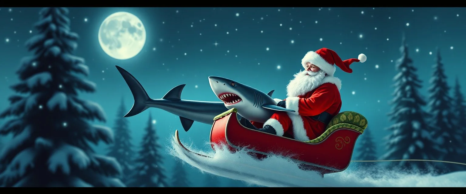 santa and shark in sled
