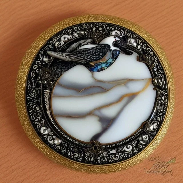 coaster of kingfisher ivory brooch with black pearl inlay, opalescent marble carving, decorative design, classical ornament, highly ornate, highly intricate, highly detailed etching, marble carving, warm lighting, linen backdrop