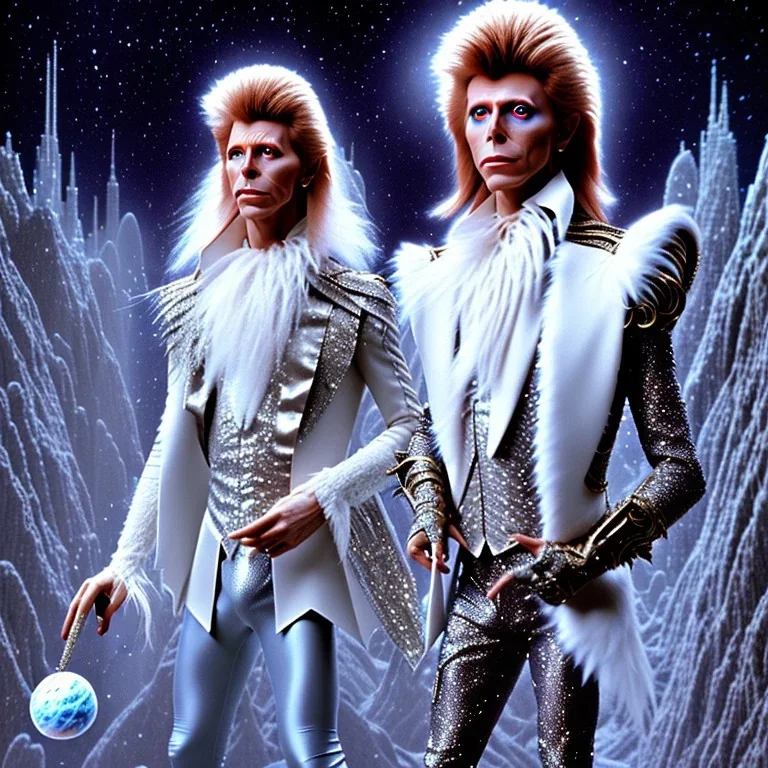 David bowie full body, white snow owl feathery fancy clothes, Jim Henson's The Labyrinth, Jareth the goblin king, crystal balls in hand, wearing spandex grey leggings, huge crotch bulge, labyrinth illusion, floating broken stairs in background, floating broken earth in background, anatomically correct, 8k hyper realistic, 80s ball room