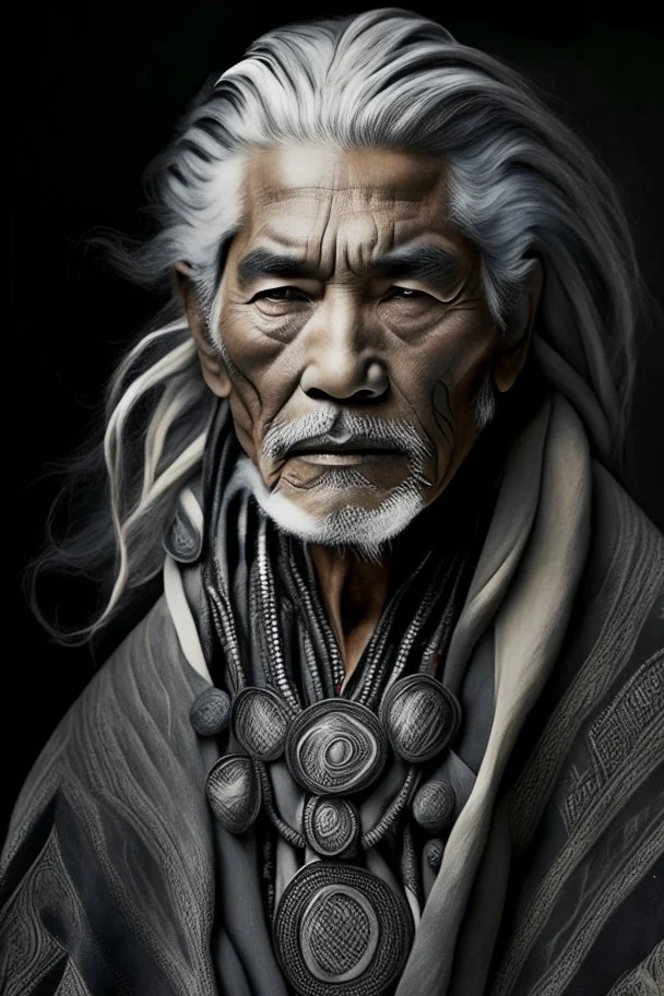 a photo of an Aztec man with ethnic jewelry, grey hair and grey flowing robe, in style of Annie Leibovitz, contemporary portrait of a mature yet beautiful and modernist man, black and grey, detailed feminine face, swirling fluid smokey enigma, award-winning artwork