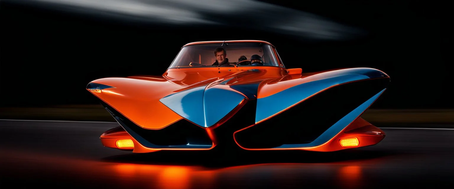 A national geographic award winning photograph of a military fighter jet station wagon elephant hybrid bilaterally symetrical designed by skunkworks, only one vehicle per image painted metallic orange traveling at a high rate of speed, jet intake off of front center of vehicle and jet exhaust out the rear with bright blue flame soviet retrofuturism, taken from drivers side front at a angle from up and to the rear