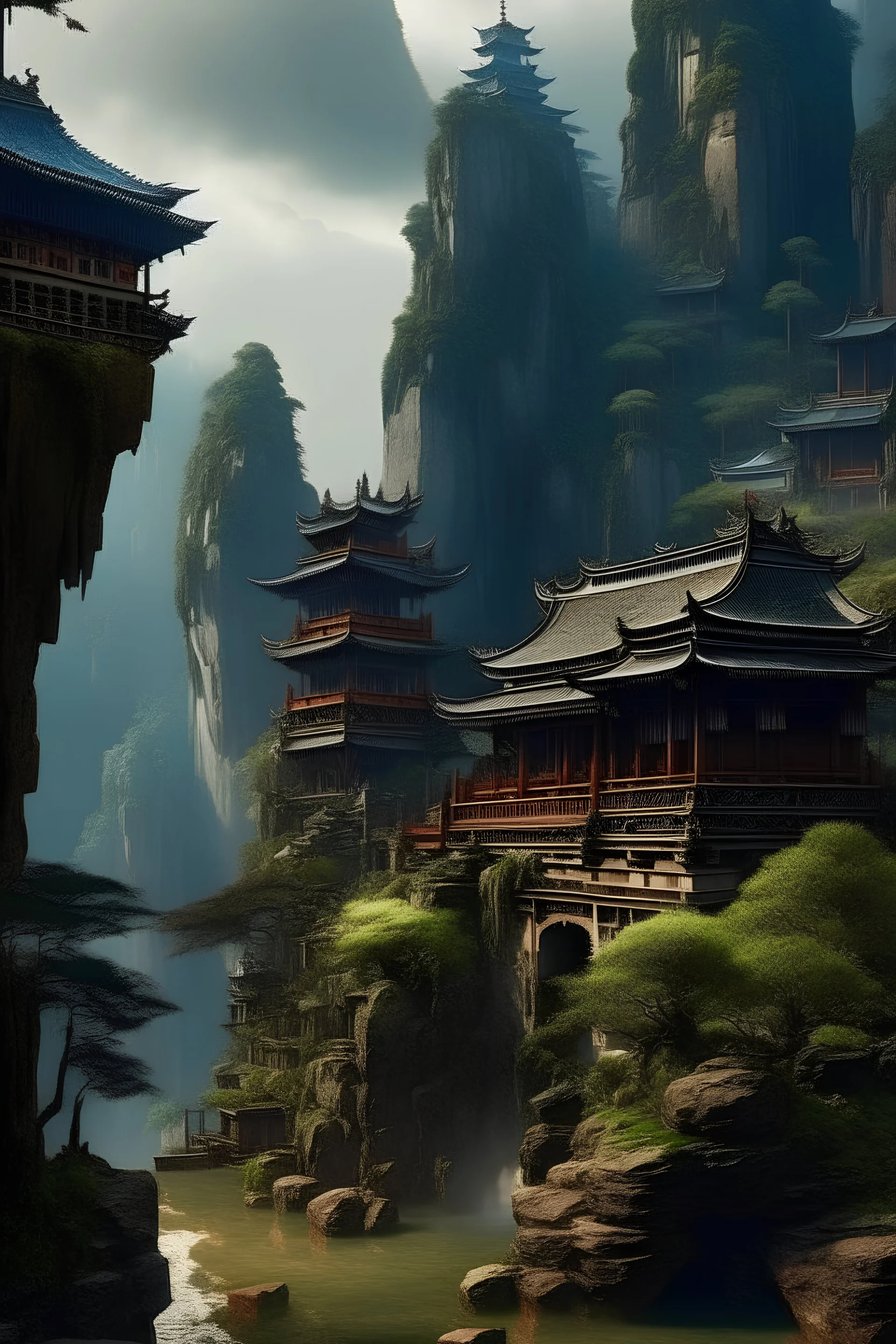 storm fantasy Zhangjiajie, chinese houses