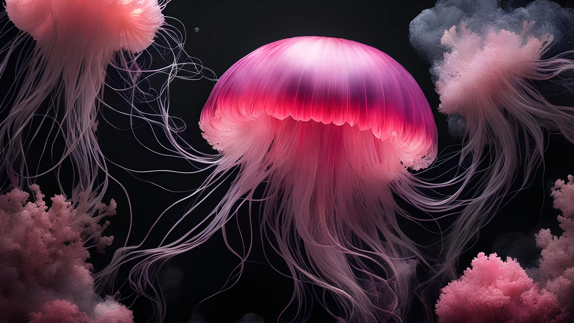 photo RAW, (Black and pink : a ghostly jellyfish, shiny aura, highly detailed, gold filigree, intricate motifs, organic tracery, by Android jones, Januz Miralles, Hikari Shimoda, glowing stardust by W. Zelmer, perfect composition, smooth, sharp focus, sparkling particles, lively coral reef background Realistic, realism, hd, 35mm photograph, 8k), masterpiece, award winning photography, natural light, perfect composition, high detail, hyper realistic