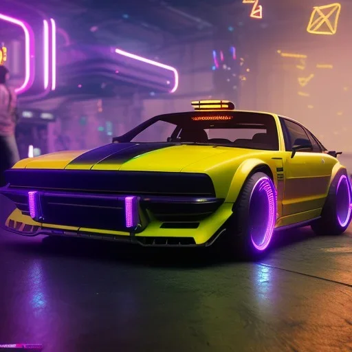 cyberpunk car,cyberpunk 2077, ultra realistic,shiny, smooth, studio quality, octane render, Surrealism, Triadic colour scheme,glow-stick, ambient lighting,nightclub lighting, polaroid, 100mm, --ar 3:2 --v4