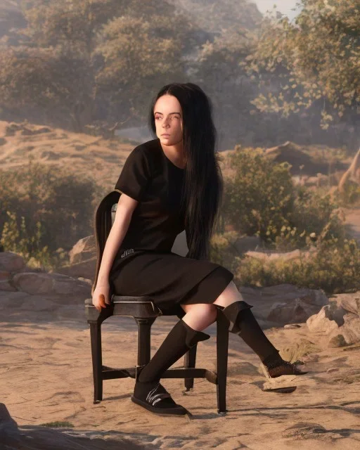 Billie Eilish, sitting on a chair, Black Short Dress, high detail, realistic