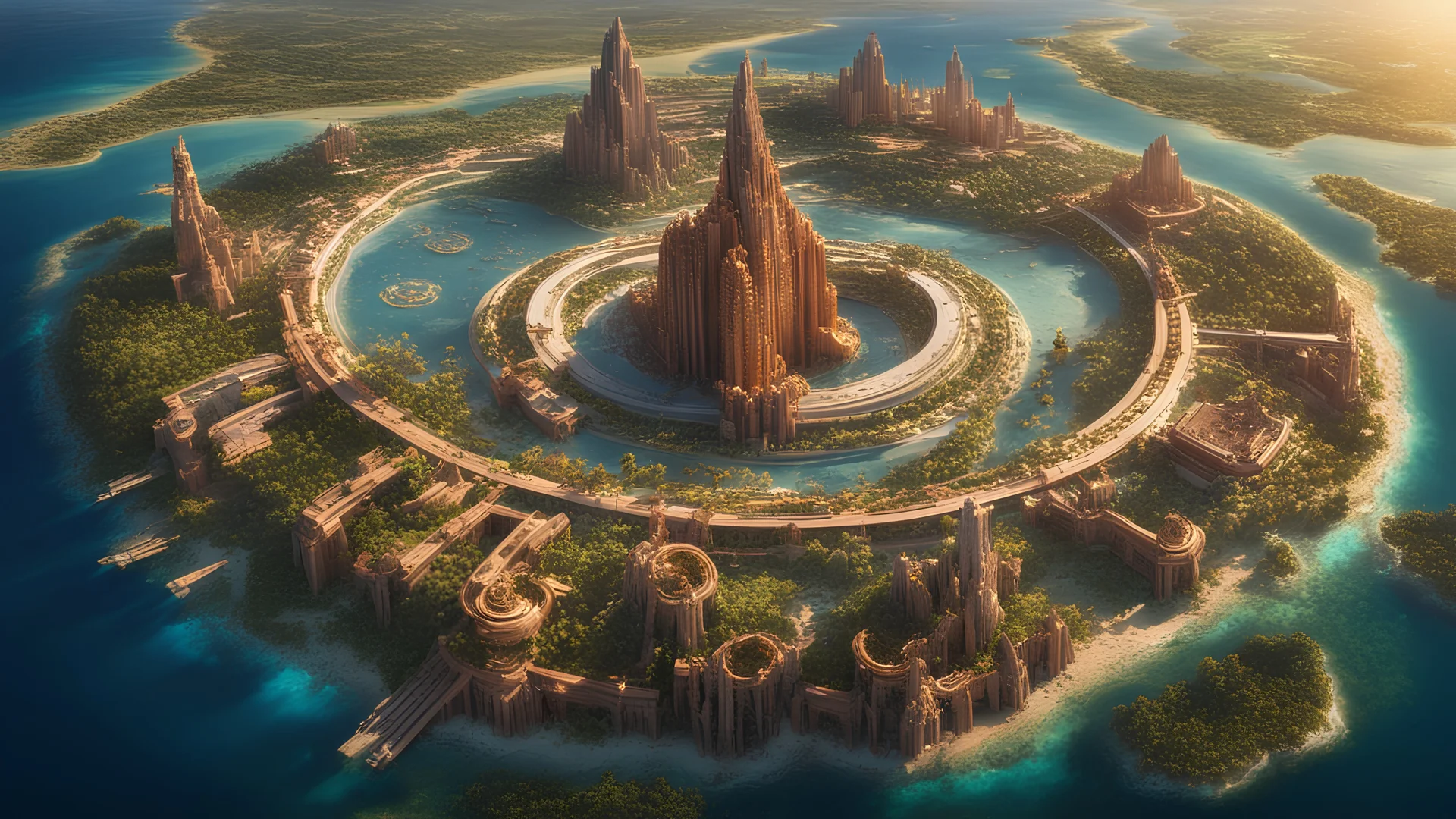 This 16K high-definition image aerial view of Atlantis. Rich architecture and vegetation, while iconic ring-shaped structures are distributed across the landscape, prosperity, advanced civilization. The interplay of light and shadow highlights intricate details, mysterious and grandiose portrayal of this civilization. Bright clear rich red and yellow colors and metallic gold, grand in scale highly detailed, amazing, spectacular, magnificent, stunning architecture, inspiring, majestic, ecstatic