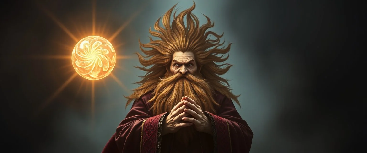 fearful dwarven priest with wild standing hair, expert holding up a floating radiant Painite crystal rosette ball shooting radiant light through the fog, folded hands