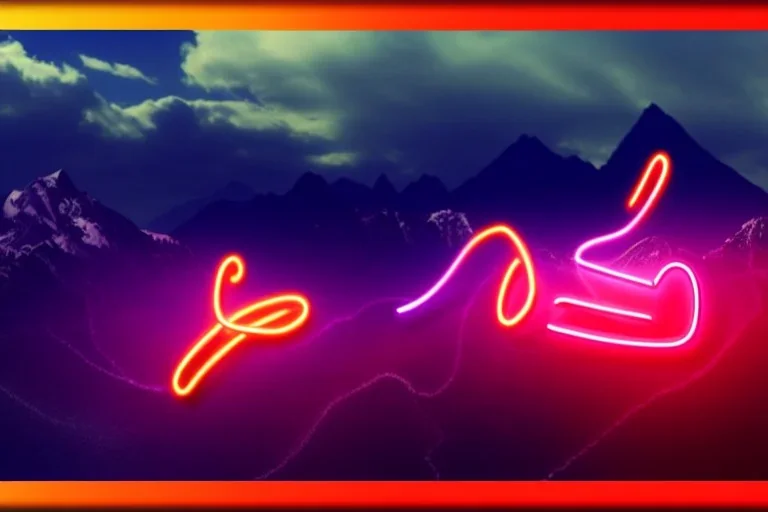 3d rendering. Abstract surreal background with rocky mountains, smoky clouds and glowing neon musical notes symbol. Panoramic spiritual wallpaper