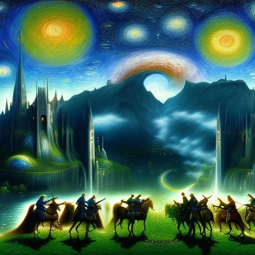 Epic Drawing of scenery with humans on horses of The LOTR estilo Van Gogh 4k