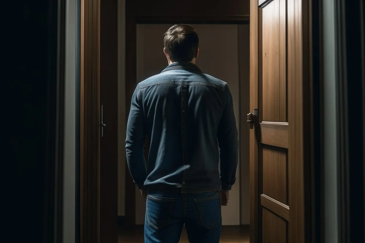 man in jeans and a shirt, back to the camera, standing in a row of doors, looking out through a doorway