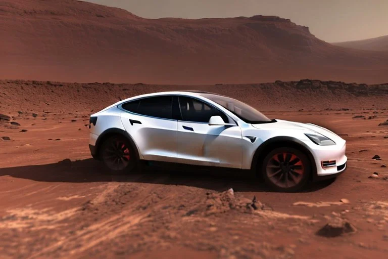 A Tesla 'Model Y' is drifting at high speeds, at the Cydonia region on Mars. (CINEMATIC, WIDE ANGLE LENS, PHOTO REAL)