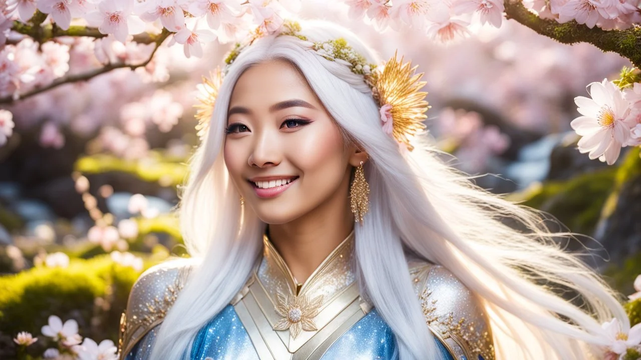 Portrait of a gorgeous smiling asian goddess with a golden dark skin, long smooth clear blueish white hair, blue eyes, in a sci-fi outfit with luminous strikes in a hill of flowers with sakura trees, a small torrent, loads of mini flowers, moss, sun rays through the branches, particles in the air at spring